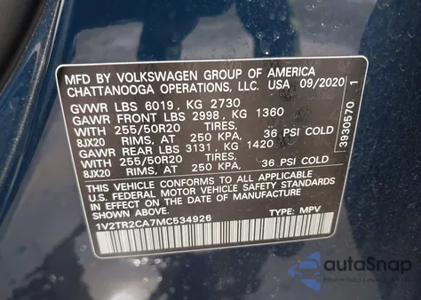 2021 Volkswagen Atlas 3.6L V6 Sel Premium из США, поврежденный, VIN 1V2TR2CA7MC534926